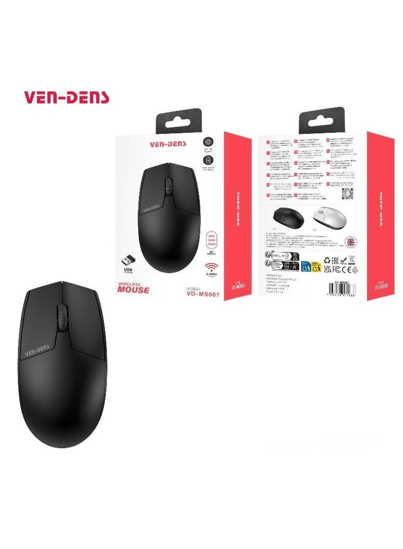 فين ديونز ماوس لاسلكي VEN-DENS VD-MS007 بتردد 2.4 جيجاهرتز مع مستقبل USB، قابل لتعديل DPI - أسود - Image 1